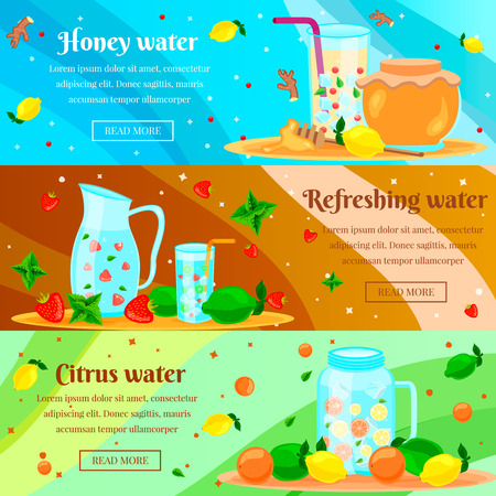 Detox honey citrus water cleansing body burning fat for rapid weight loss flat horizontal banners set vector illustrationのイラスト素材