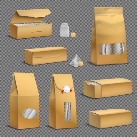 Brown paper tea bags and loose leaves packs boxes packages vector illustrationのイラスト素材
