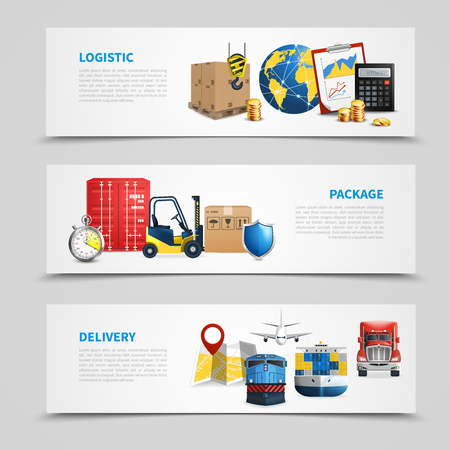 Three colored and horizontal logistic banner set with package delivery and logistic headlines vector illustrationのイラスト素材