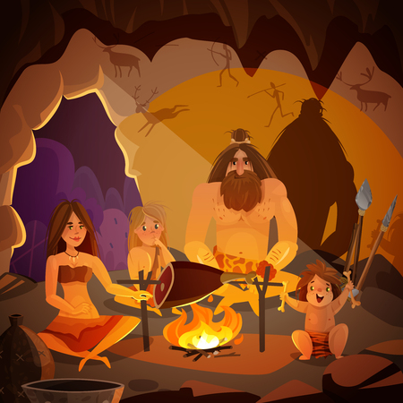 Cartoon poster with caveman family dressed in animal pelt cooking meat on campfire in cave vector illustrationのイラスト素材