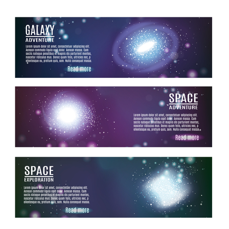 Set of three galaxy spiral realistic banners with images of space with clusters of stars and text vector illustrationのイラスト素材