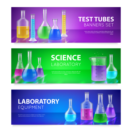 Realistic test-tubes retorts scientific chemical laboratory glassware equipment 3 horizontal colorful banners set isolated vector illustrationのイラスト素材