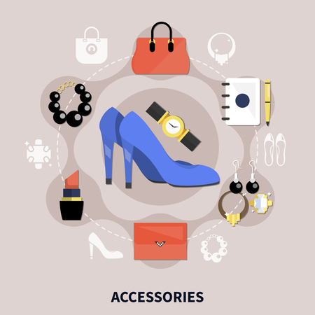 Clothes flat composition with colored accessories handbags watches shoes pumps and other vector illustrationのイラスト素材