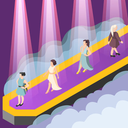 Presentation of fashion clothing collection isometric composition with models on catwalk in rays of spotlight vector illustrationのイラスト素材