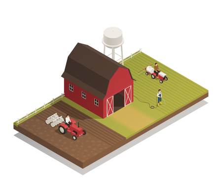 Gardening agricultural machinery isometric composition  with fertilizer and disc harrow tractor cultivator plowing on farmland vector illustrationのイラスト素材