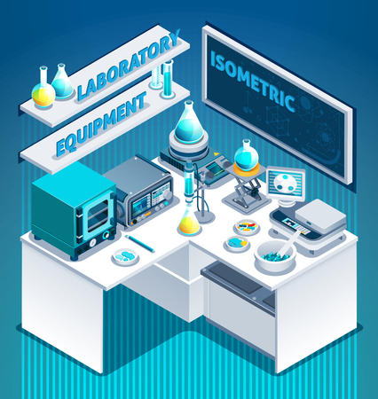 White laboratory table with scientific equipment, substances in beakers, isometric composition on blue background vector illustrationのイラスト素材
