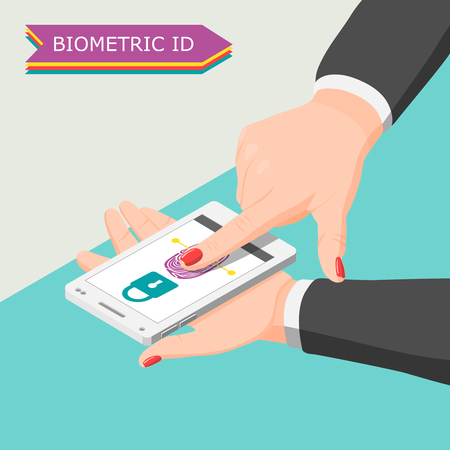Biometric ID background with human hand scanning by finger scan app on smartphone screen isometric vector illustrationのイラスト素材