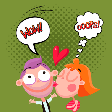Love kiss composition on green background with couple, expression of emotions in bubbles comic style vector illustrationのイラスト素材