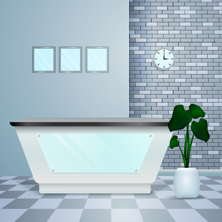 Clinic medical office artificial stone reception desk area  clean lines neutral colors realistic modern interior vector illustrationのイラスト素材