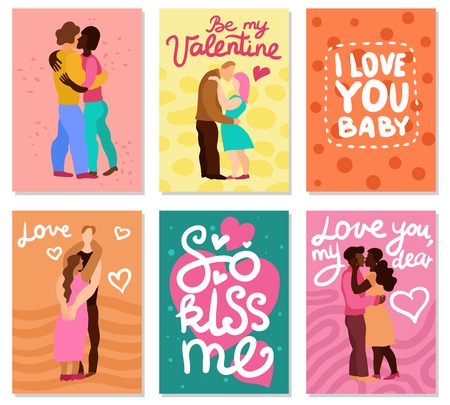 Love hugs vertical cards with handwritten phrases, couples during embraces on color background isolated vector illustrationのイラスト素材