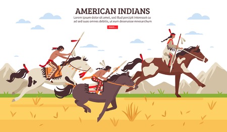 Ethnic background with armed american indians riding horses across prairie against mountains cartoon vector illustration.のイラスト素材