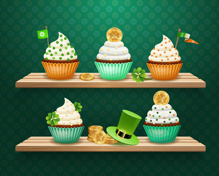 Saint patricks day composition with sweets decorated golden coins, clover, flags on wooden shelves vector illustrationのイラスト素材