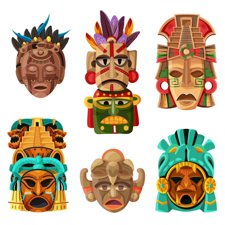Colorful mayan mask cartoon set with native ethnicity tribal and religious decorative elements isolated vector illustration.のイラスト素材