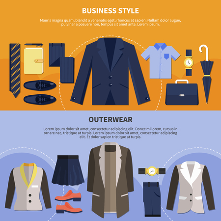 Two clothes flat style composition set with business style and outerwear headlines vector illustrationのイラスト素材