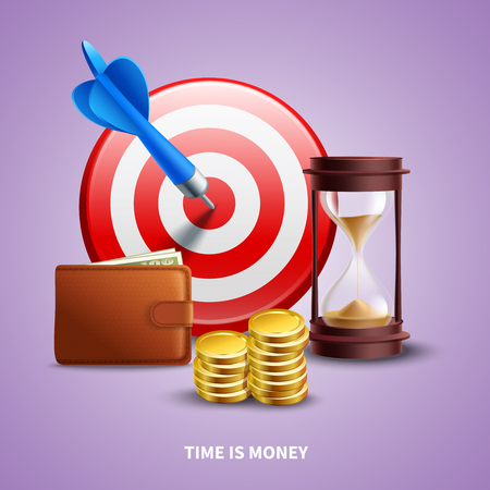 Business realistic concept with wallet hourglass coins and target vector illustrationのイラスト素材