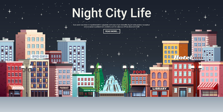 Night city life webpage poster with picturesque town center business office and shopping area houses vector illustration のイラスト素材