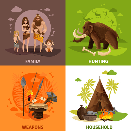 Prehistoric stone age 2x2 design concept with caveman family hunting weapons and household square icons cartoon vector illustrationのイラスト素材