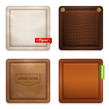 Genuine leather quality texture and color concept 4 realistic square badges pockets samples set isolated vector illustrationのイラスト素材