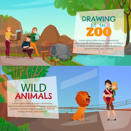 Zoo visitors horizontal banners with young artists drawing wild animals living in zoological garden cartoon vector illustration のイラスト素材