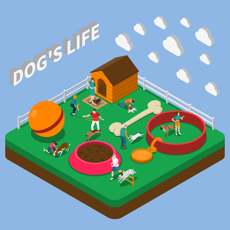 People playing with pets big ball kennel bowl bone and collar isometric composition on blue background 3d vector illustrationのイラスト素材