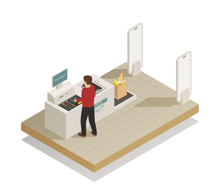 Fully self-service automatic secure checkout payment processing technology in grocery supermarket section isometric composition vector illustrationのイラスト素材