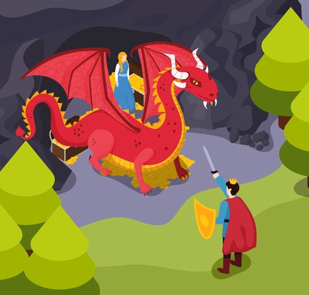 Fabulous heroes isometric composition with fight for princess between prince and dragon in forest vector illustrationのイラスト素材