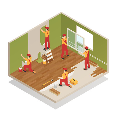 Home renovation remodeling repair isometric composition with workers replacing window frame laying wood laminate floor vector illustrationのイラスト素材