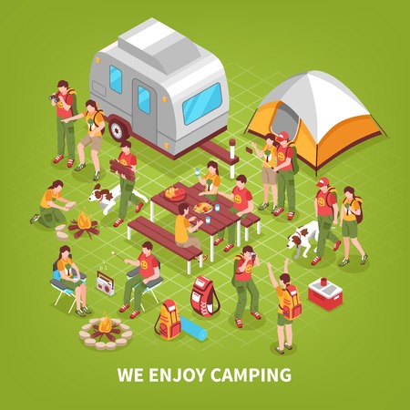 Family camping vacation trips and expeditions site isometric background poster with people tent and caravan vector illustrationのイラスト素材