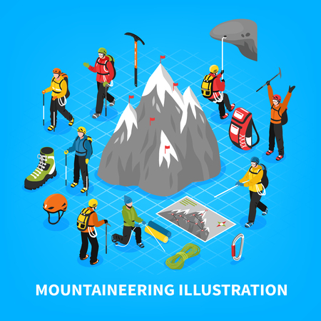 Mountaineering isometric vector illustration with snow mountain touristic equipment and tools for climbers rising.のイラスト素材