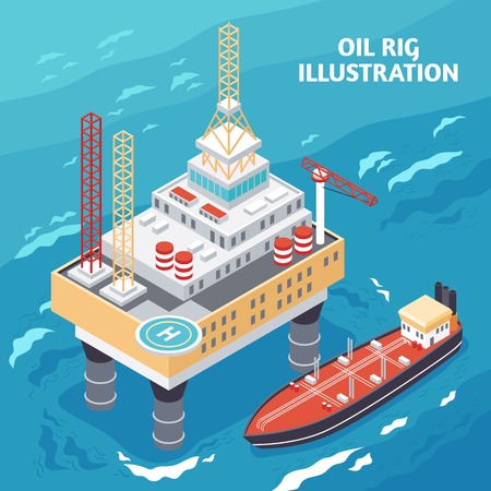 Oil gas industry isometric composition with offshore platform jack-up drilling rig and tanker vessel vector illustrationのイラスト素材