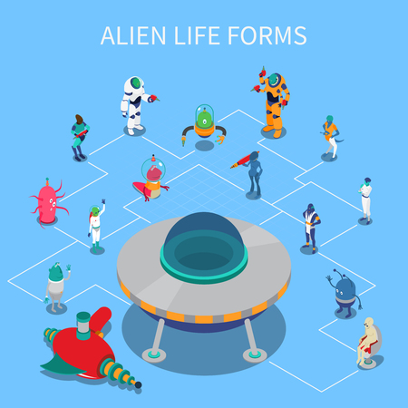 Isometric flowchart with various colorful alien life forms on blue background 3d vector illustrationのイラスト素材