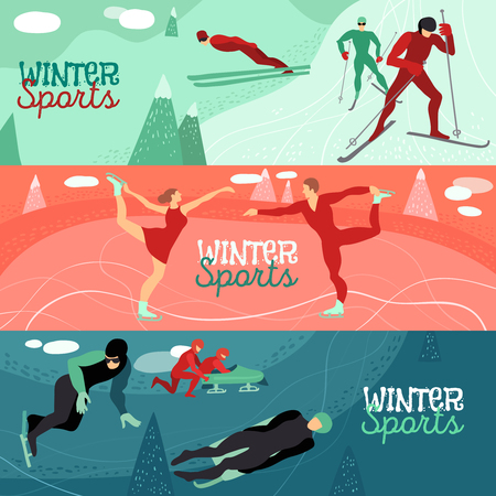 Winter sports horizontal banners with people involved in bobsled sledding alpine skiing speed and figure skating flat vector illustrationのイラスト素材