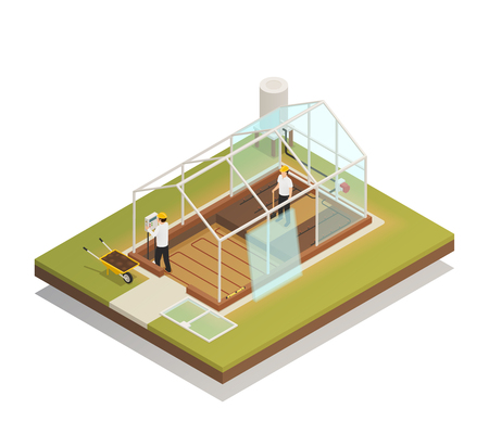 Greenhouse cable-supported facility construction process isometric composition with 2 workers installing glass panels vector illustrationのイラスト素材
