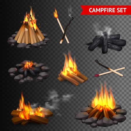 Realistic campfire transparent set of isolated bonfire images with lump wood stones and firebrands with smoke vector illustrationのイラスト素材