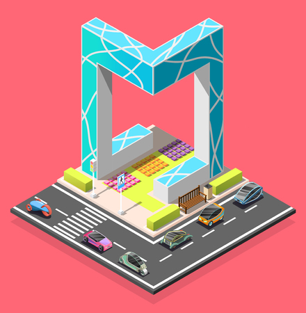 City constructor isometric element with road pedestrian crossing futuristic cars and abstract architecture vector illustration.のイラスト素材