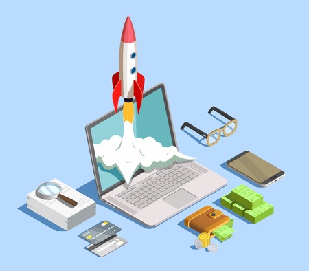 Financial technology design concept with laptop smartphone stack of banknotes signs fraud detection and startup symbols isometric vector illustration.のイラスト素材