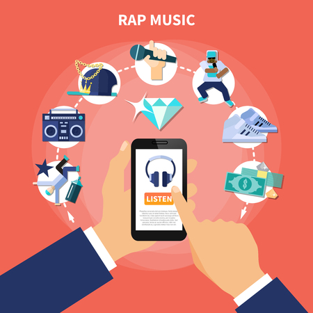 Rap music listening on smartphone flat composition with accessories of rapper on red background. Vector illustration.のイラスト素材