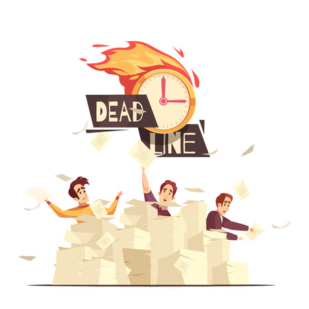 Business managers extreme workload stress burnout and deadline pressure symbolic cartoon poster with burning clock vector illustrationのイラスト素材