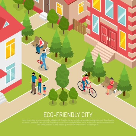 Eco friendly city with green trees, bicycle riding, persons outdoor during work and rest. Isometric vector illustration.のイラスト素材