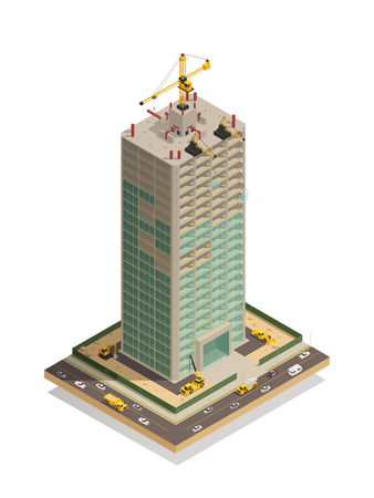 Skyscraper construction site isometric composition  with adjacent busy streets and tower crane competing roofing vector illustrationのイラスト素材