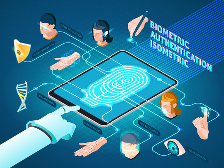 Biometric authentication methods isometric composition  with mobile device fingerprint identification dna match  and facial recognition vector illustrationのイラスト素材