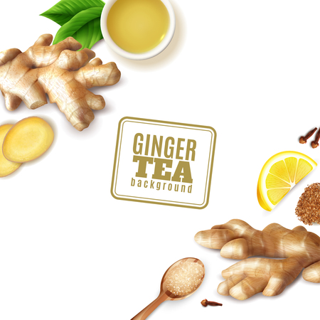 Cup with ginger tea, fresh roots, lemon, spoon with sugar, cloves on white background vector illustration.のイラスト素材