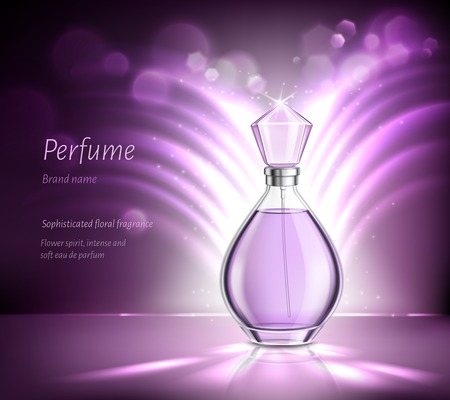 Perfume glass bottle product advertising realistic composition on blurred purple background with sparkles and rays vector illustrationのイラスト素材
