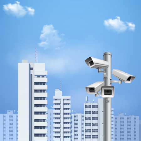 Security system surveillance cameras on background  with cityscape and blue sky realistic vector illustrationのイラスト素材
