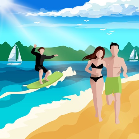 People on beach background with summer landscape and characters of board surfer and couple running along beach vector illustrationのイラスト素材