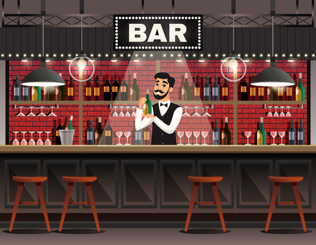 Cafe bar interior realistic composition with barman behind counter serving drinks against wine shelves background vector illustrationのイラスト素材