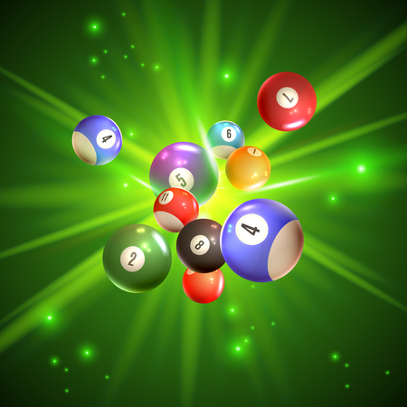 Colorful bingo balls with reflection on sparkling green background with light rays. 3d vector illustrationのイラスト素材