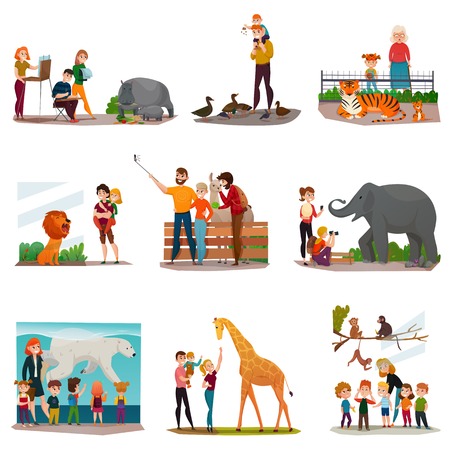 Zoo icons set with visitors making selfie feeding ducks watching tigers talking to giraffe isolated vector illustrationsのイラスト素材