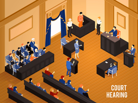 Court hearing with judge jury and witnesses 3d isometric vector illustration のイラスト素材