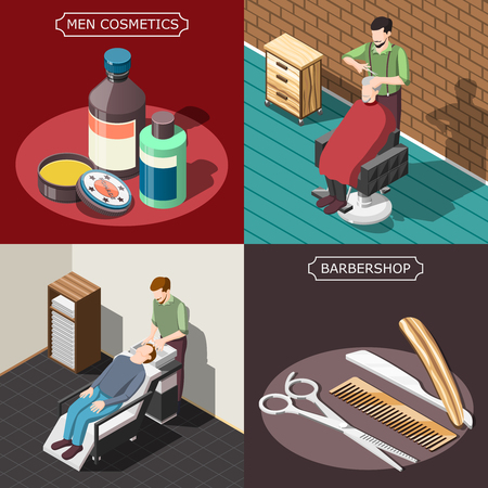 Barbershop isometric design concept with men cosmetics, professional tools, washing hair, male haircut isolated vector illustrationのイラスト素材